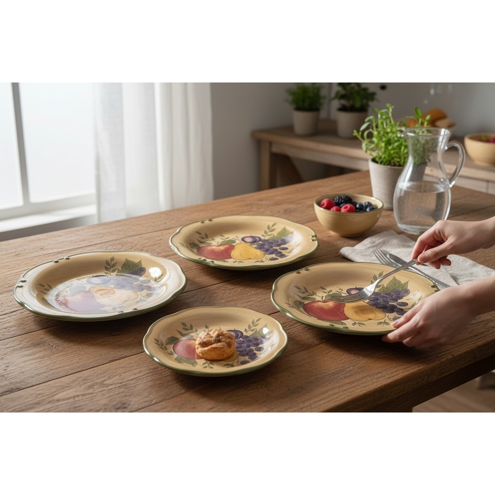 Home Trends Fruit Ceramic Plate Set 3pc Tan Very Good Scalloped Orchard Tuscan